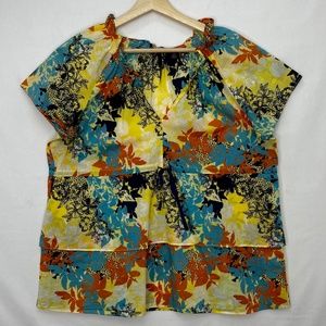 Skye's the Limit Womens Sz 12 Pullover Blouse Yellow Blue Orange Floral Ruffled